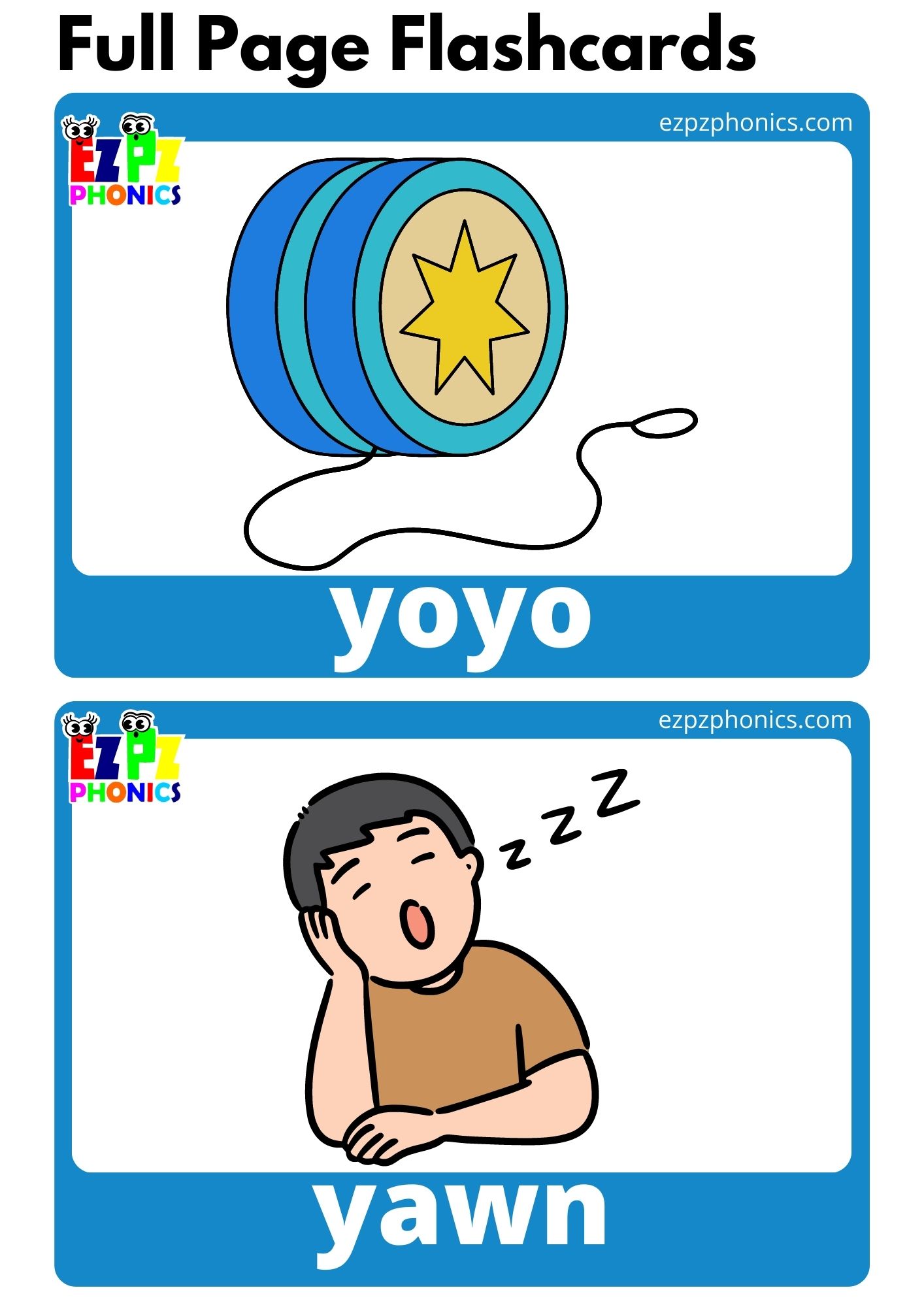 Y Beginning Sounds Full Page Flashcards with Words Phonics Alphabet Letter Sounds Flashcards Free PDF Download or View Online for Homeschool Parents and Teachers